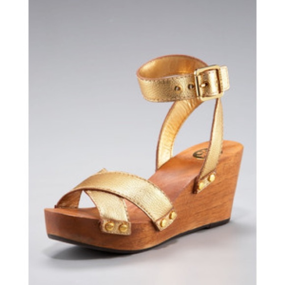 Tory Burch Gold Strappy Risley Clog Wedge